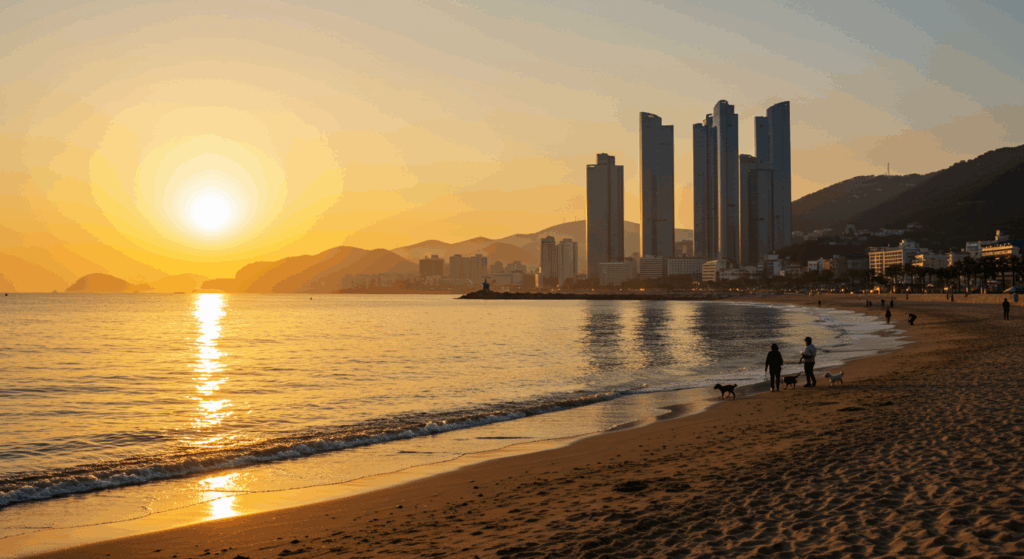 釜山旅行で見るべき海雲台ビーチの朝日と静かな海の風景