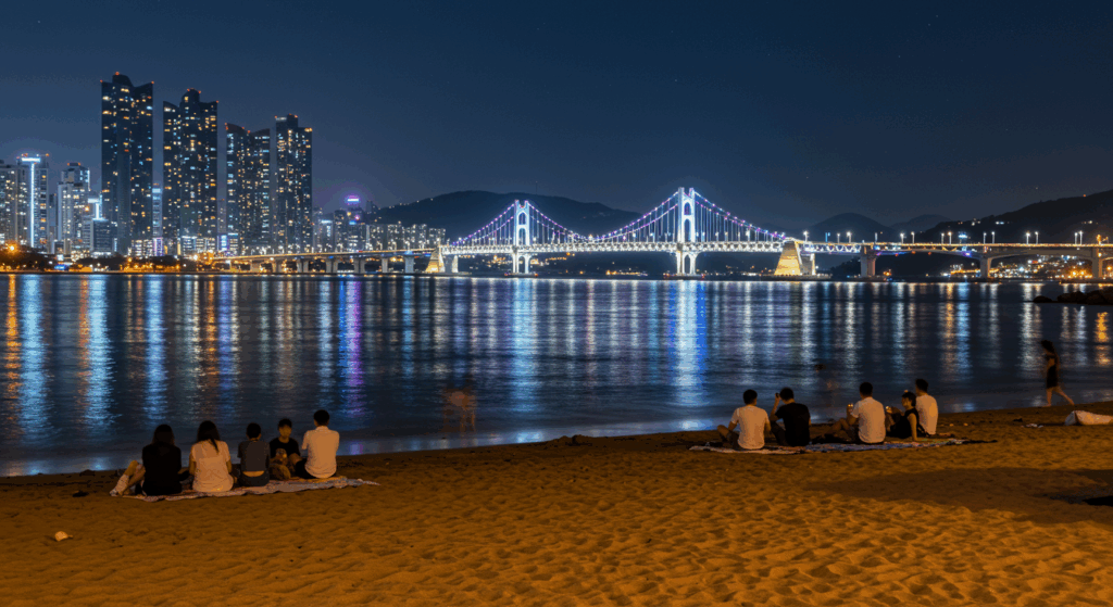 釜山旅行で人気の広安里ビーチと光る広安大橋の夜景