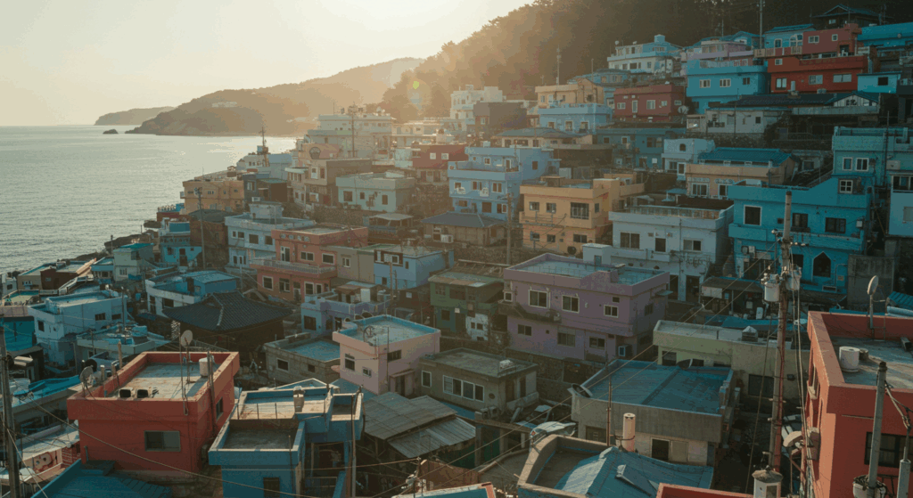 釜山旅行でおすすめの甘川文化村のカラフルな家と坂道の街並み