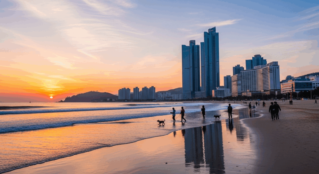 Morning view of Gwangalli vs Haeundae, showing the calm sunrise at Haeundae Beach in Busan, South Korea.
