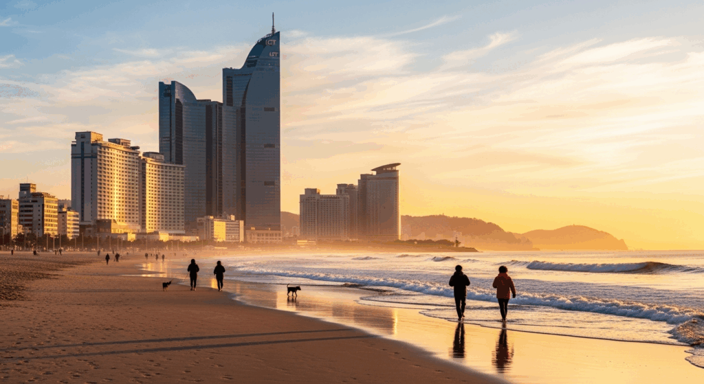 广安里 vs 海云台 (Gwangalli vs Haeundae) 日出时的海云台沙滩,晨光洒在海面上。