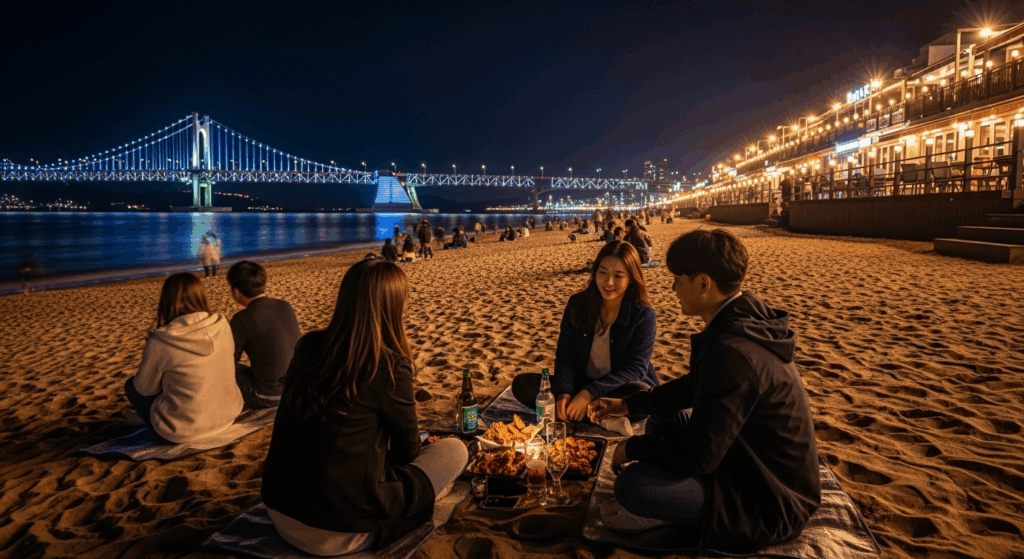 广安里 vs 海云台 (Gwangalli vs Haeundae) 夜景对比,广安大桥灯光映在海面上。