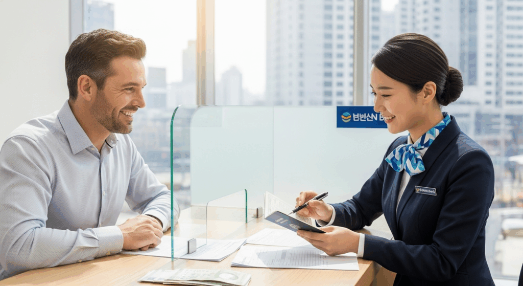 open a Korean bank account in Busan – foreign resident getting help from Korean bank clerk at Centum City branch